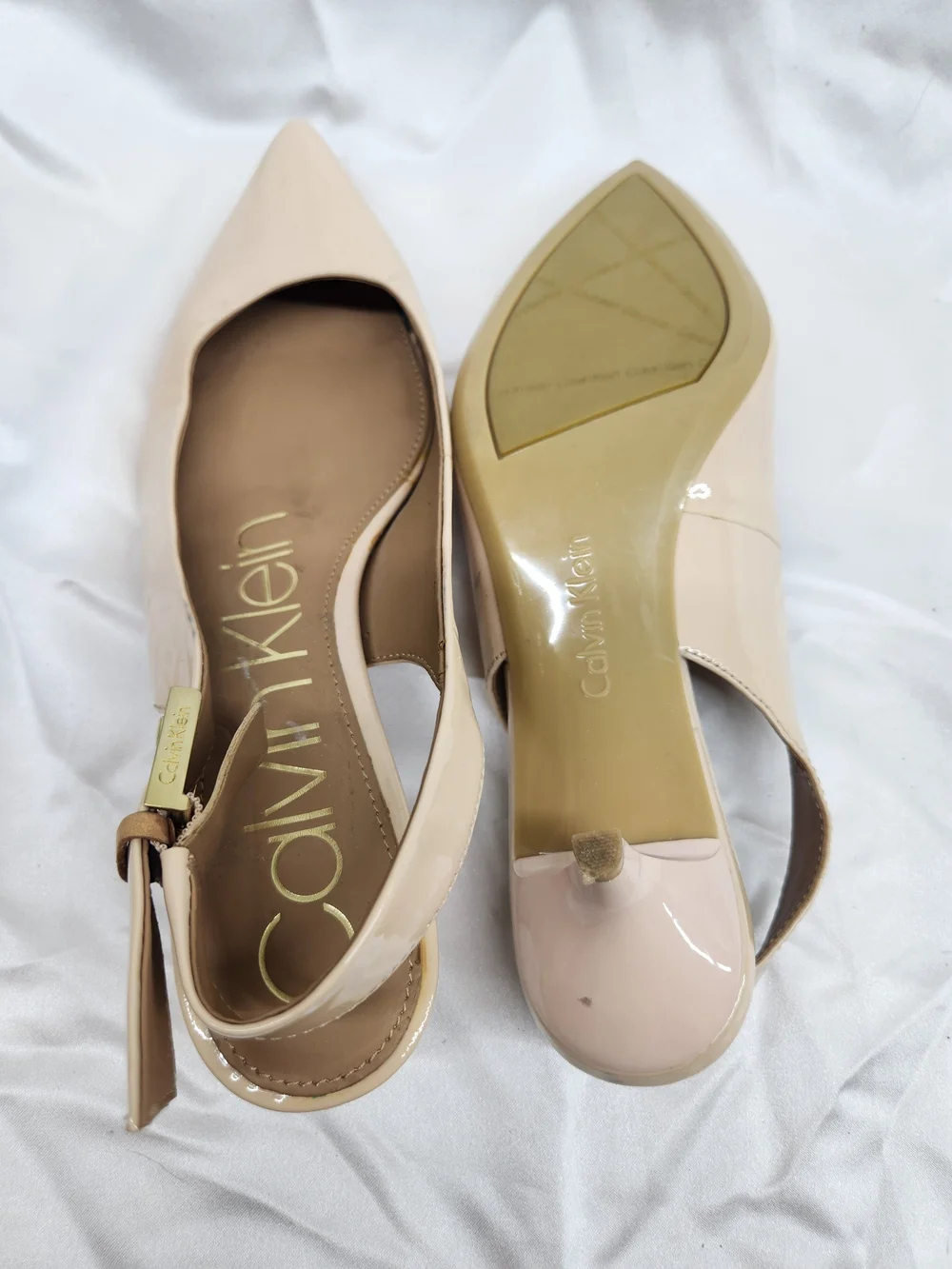 Calvin Klein Beige Patent Pointed Slingback Flats